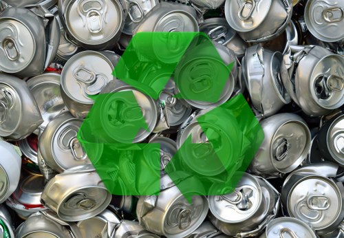 A large collection of silver aluminum beverage cans piled together, featuring pull-tab tops, some partially crushed or dented, occupying the foreground and background of the image. The cans appear to be discarded and weathered, with various textures of smooth, reflective metal surfaces. A transparent green recycling symbol overlay is positioned centrally over the cans, emphasizing waste disposal and recycling themes. The background consists of densely packed cans with minimal environmental detail visible. The lighting is even, highlighting the metallic sheen of the cans. This image is relevant to rubbish removal services, illustrating the type of waste materials managed during house clearance or recycling operations, which Hampstead Heath House Clearance might handle as part of their services in the Hampstead Heath or nearby London areas.
